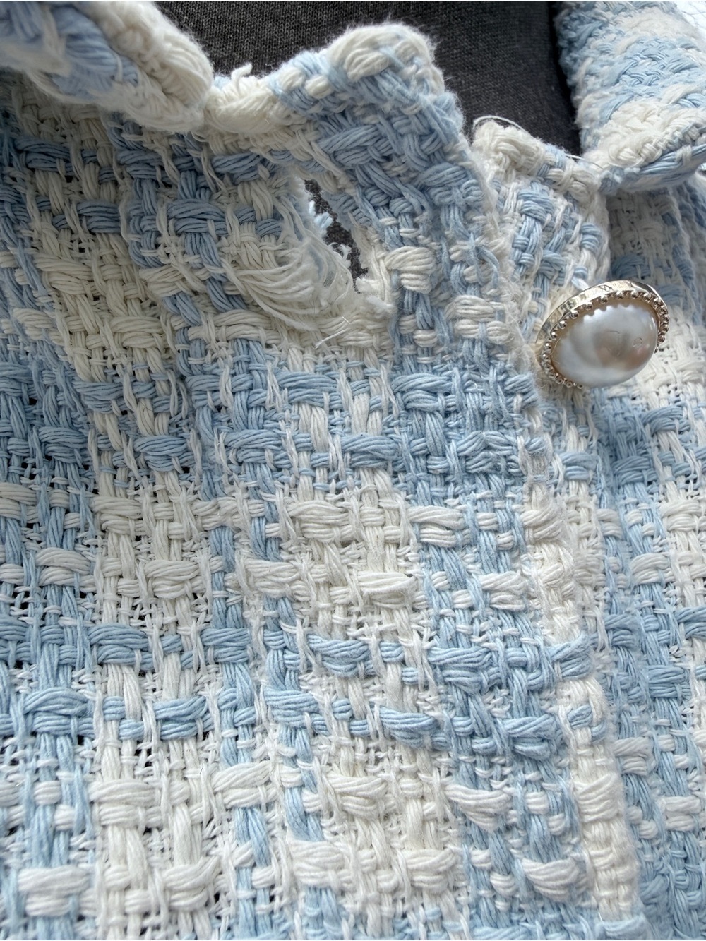 Classic Tweed Women's Jacket in Light Blue and Cream - Picture 5 of 13
